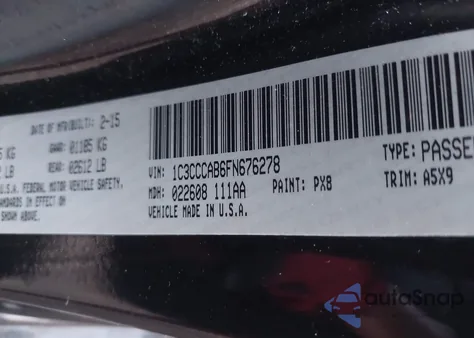 2015 Chrysler 200 Limited из США, поврежденный, VIN 1C3CCCAB6FN676278